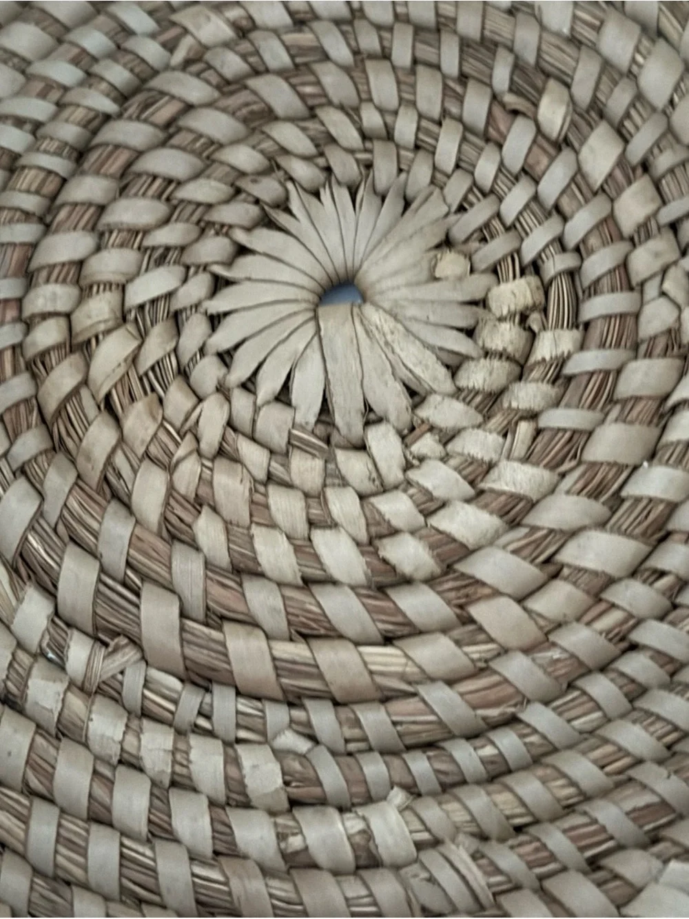 Vintage Handwoven Straw Basket Coiled Shallow Bowl Boho Decor
